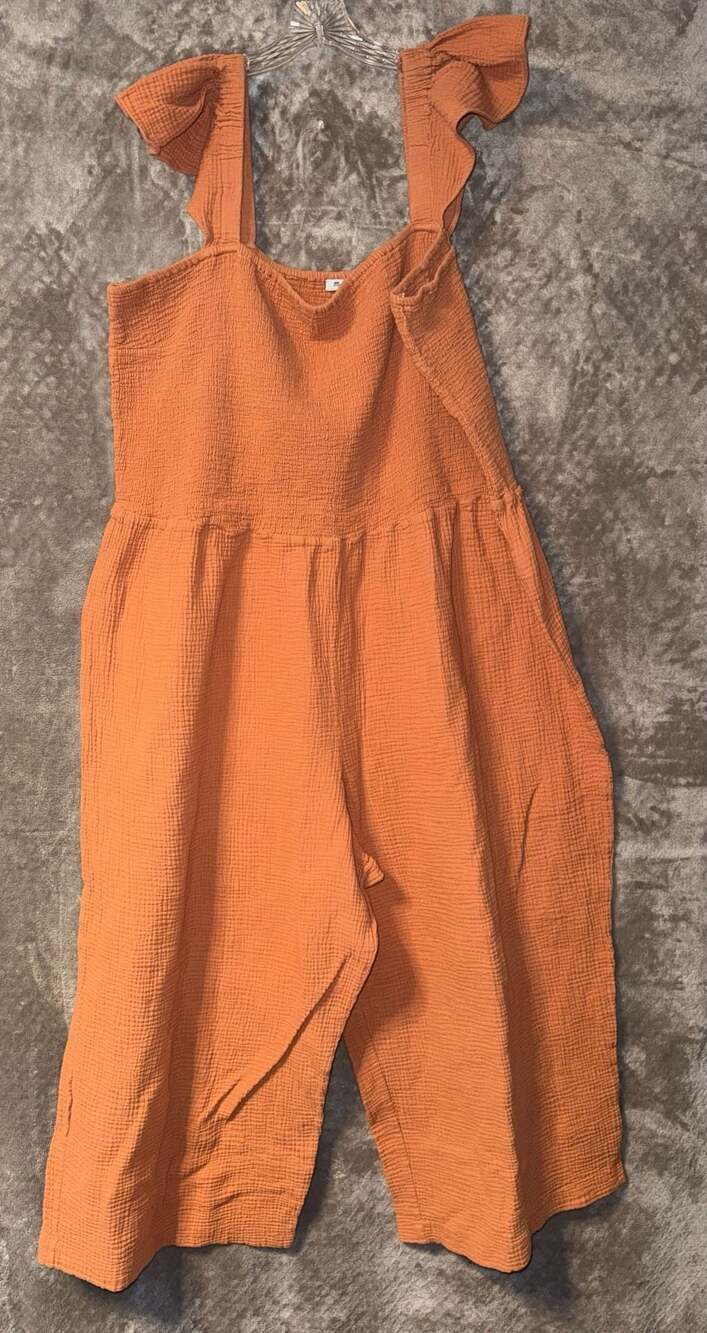 Madewell Ruffle-Strap Smocked Jumpsuit in Cotton Gauze Orange Size 28W